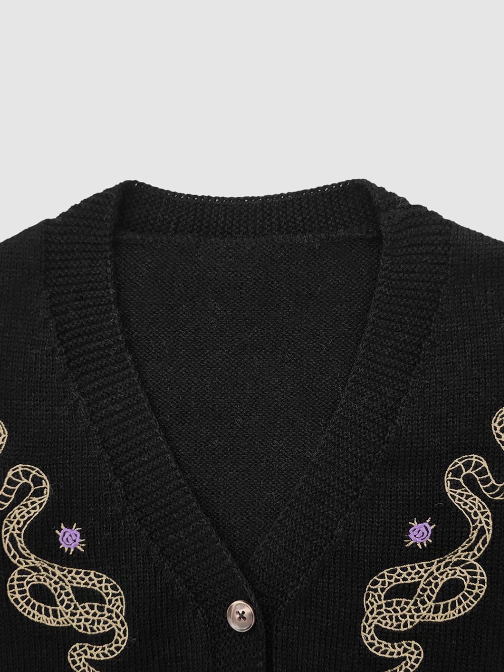 Plant Snake Embroidery Sweater, Casual Loose-Fit Short Knitted Crop Sweater - Picture 4 of 10
